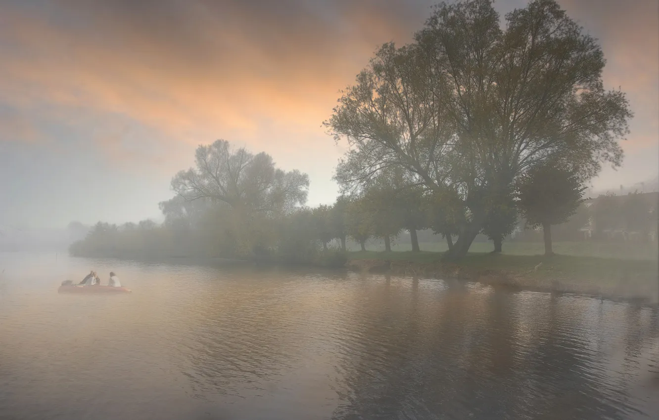 Фото обои деревья, туман, река, утро, канал