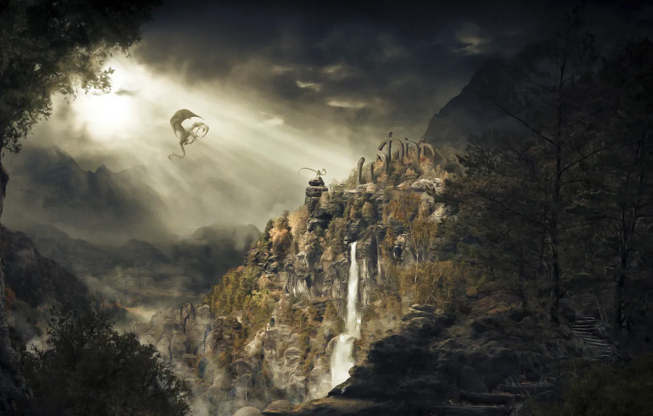 Фото обои горы, дракон, водопад, skyrim, dragonborn