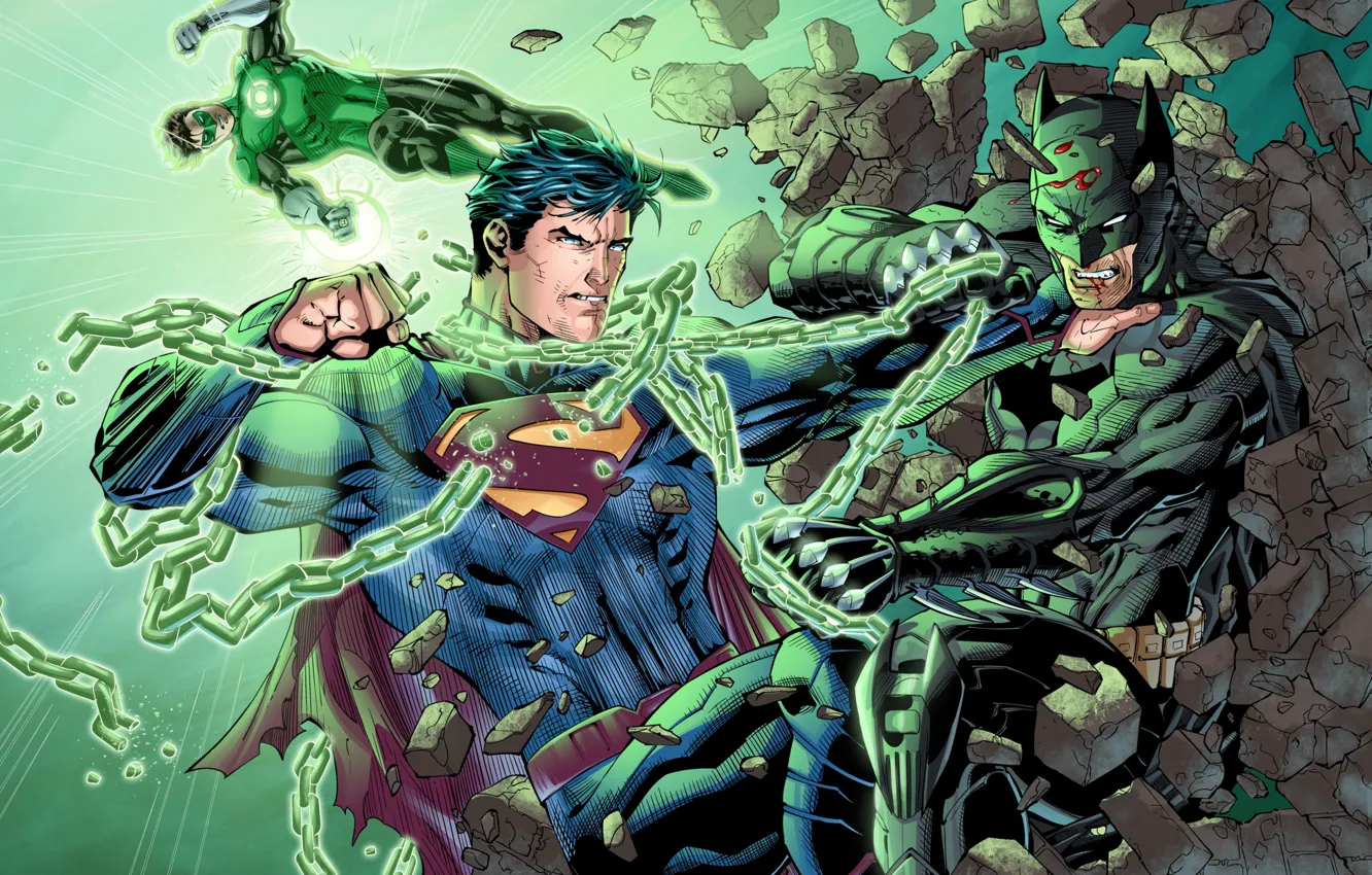 Фото обои бой, цепь, Batman, Зелёный Фонарь, Green Lantern, Superman