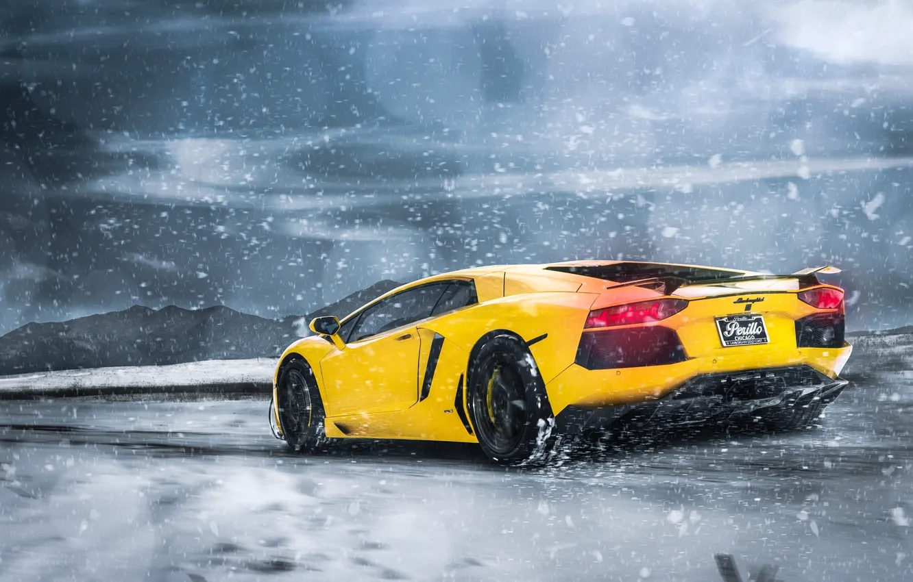 Фото обои Lamborghini, Clouds, Snow, Yellow, LP700-4, Aventador, Supercars, Mountains