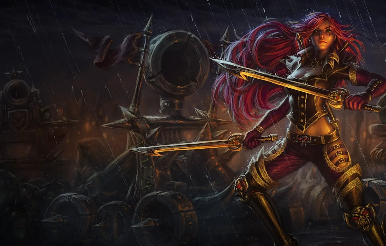 Фото обои девушка, оружие, дождь, меч, League of Legends, катапульта