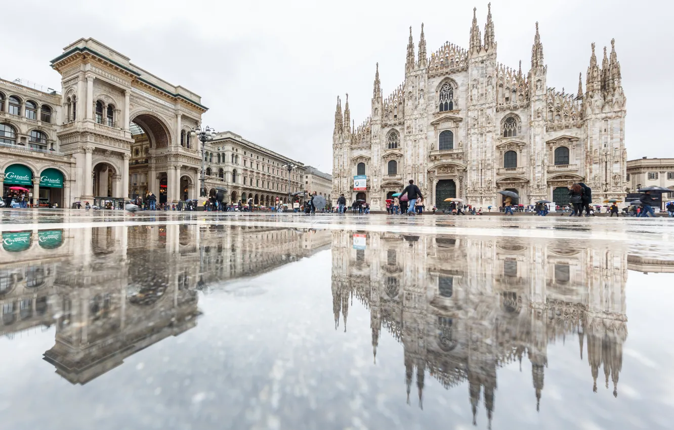 Фото обои отражение, площадь, Италия, собор, Милан, Дуомо, пассаж