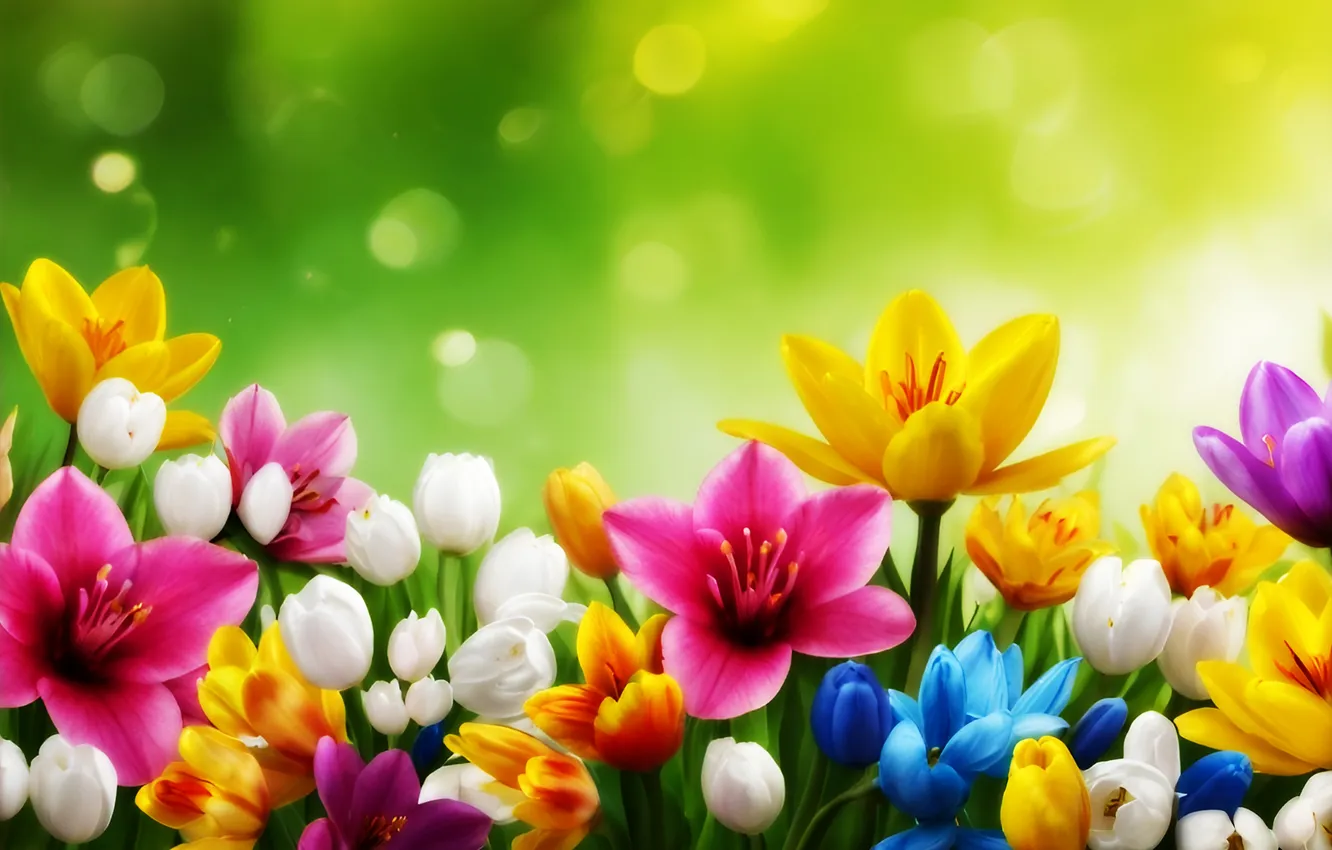 Фото обои поле, цветы, весна, colorful, цветение, flowers, spring, bright