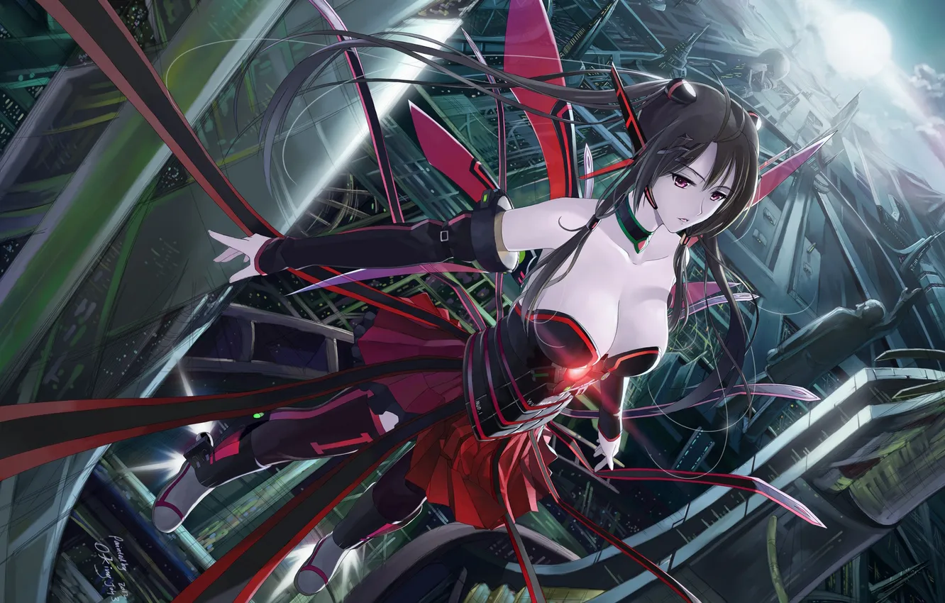 Фото обои девушка, солнце, полет, город, отражение, крылья