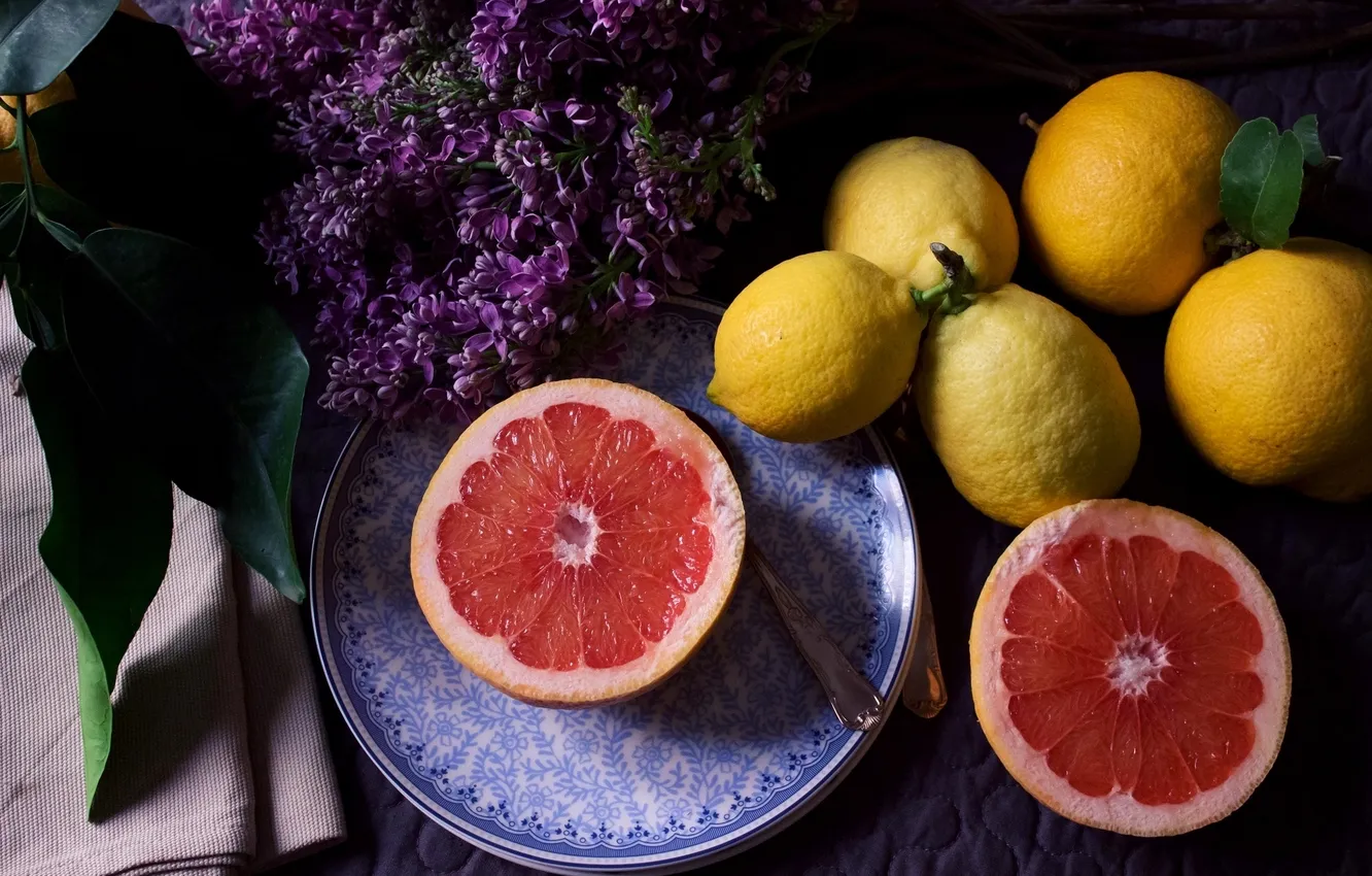 Фото обои апельсин, фрукты, лимоны, сирень