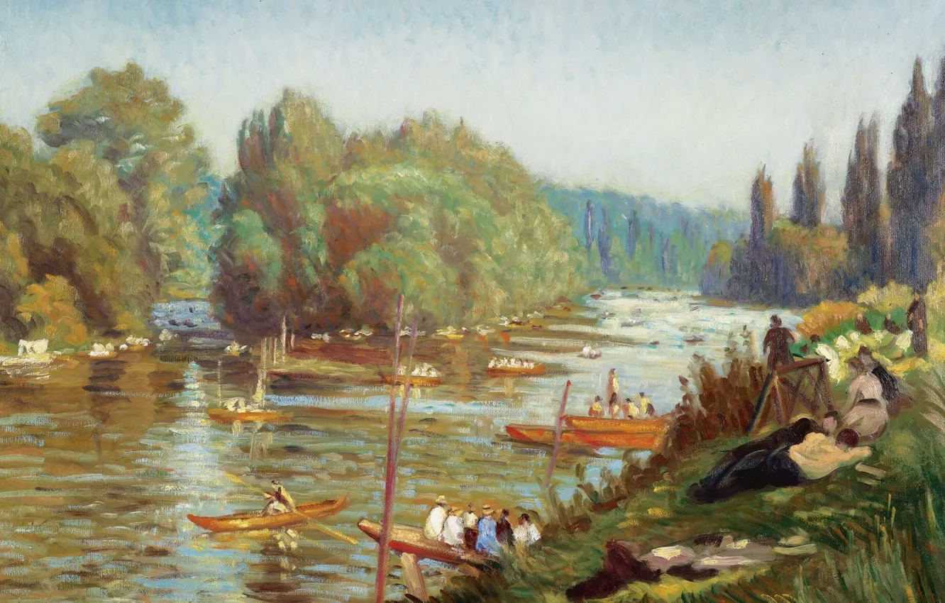 Фото обои пейзаж, река, картина, лодки, Берега Марны в Ла Варене, Emile Bernard, Эмиль Бернар
