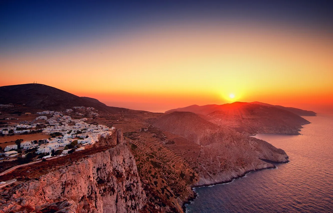 Фото обои море, горы, рассвет, дома, Греция