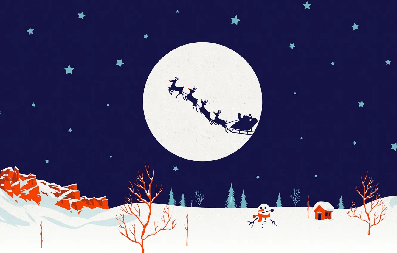 Фото обои зима, луна, силуэт, Рождество, Санта, снеговик, сани, олени