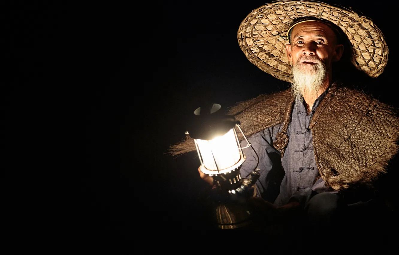 Фото обои лампа, рыбак, шляпа, фонарь, старик, китаец