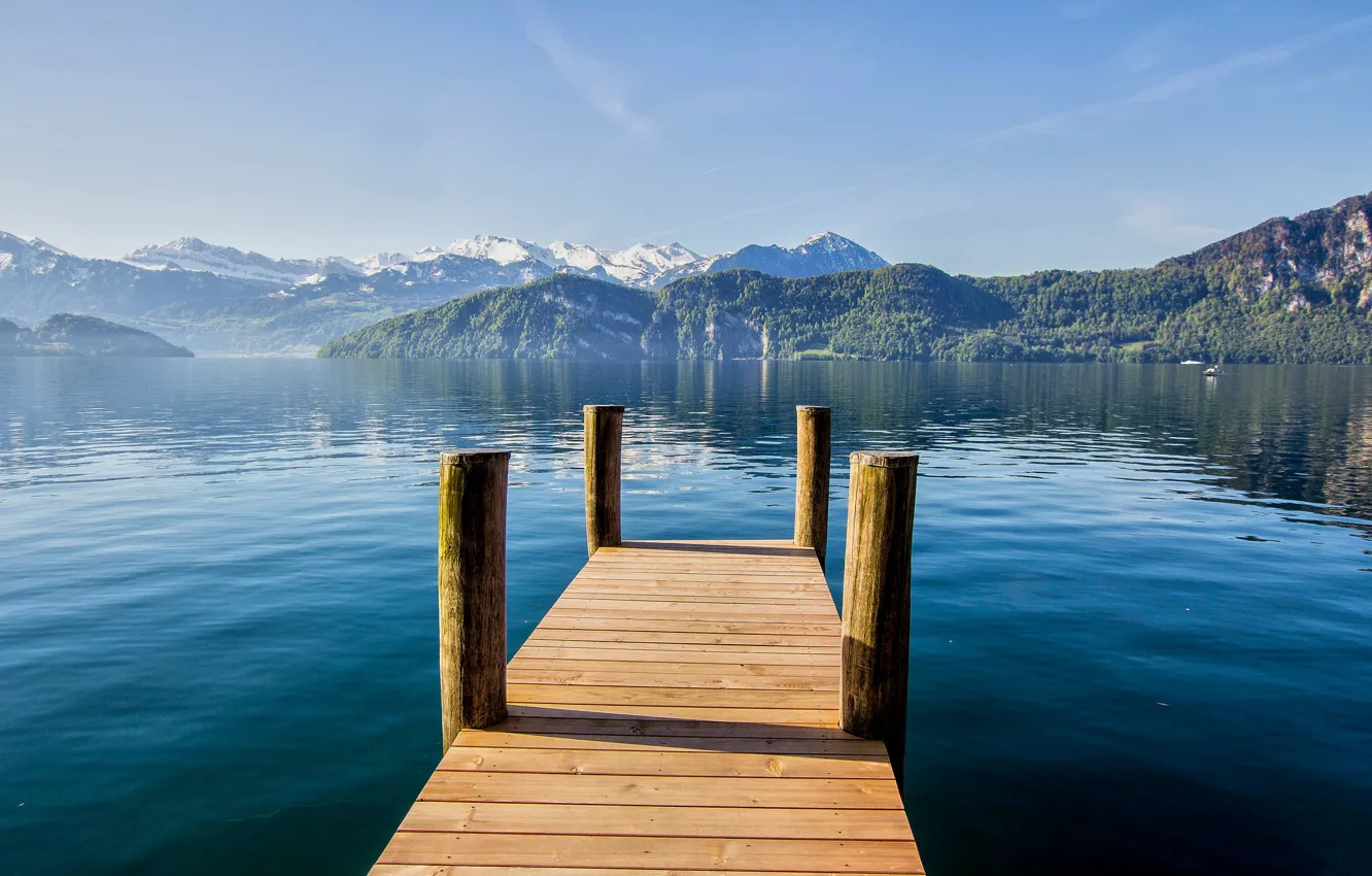 Фото обои горы, озеро, спокойствие, мостик, Switzerland, Weggis, Canton of Lucerne, цария