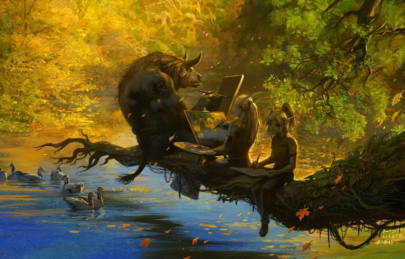 Фото обои осень, озеро, ветка, эльфы, WoW, World of Warcraft, листопад, таурен