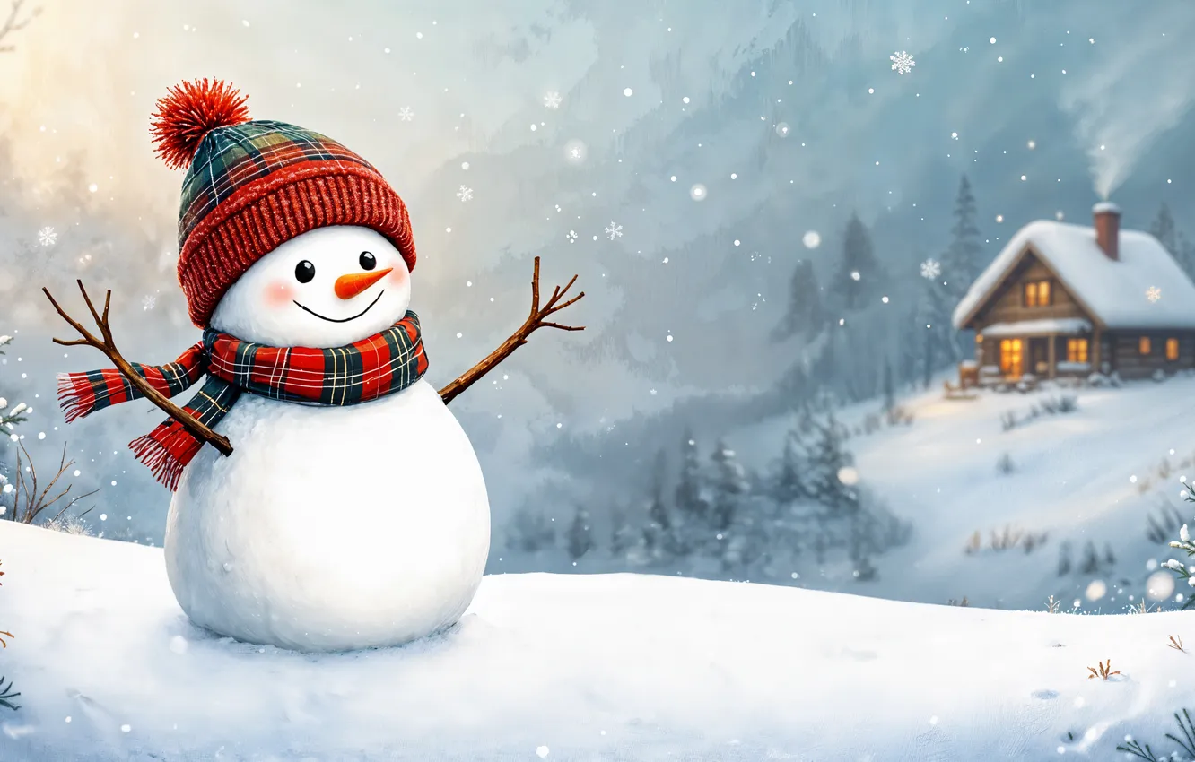 Фото обои зима, снег, украшения, Рождество, Новый год, снеговик, happy, Christmas