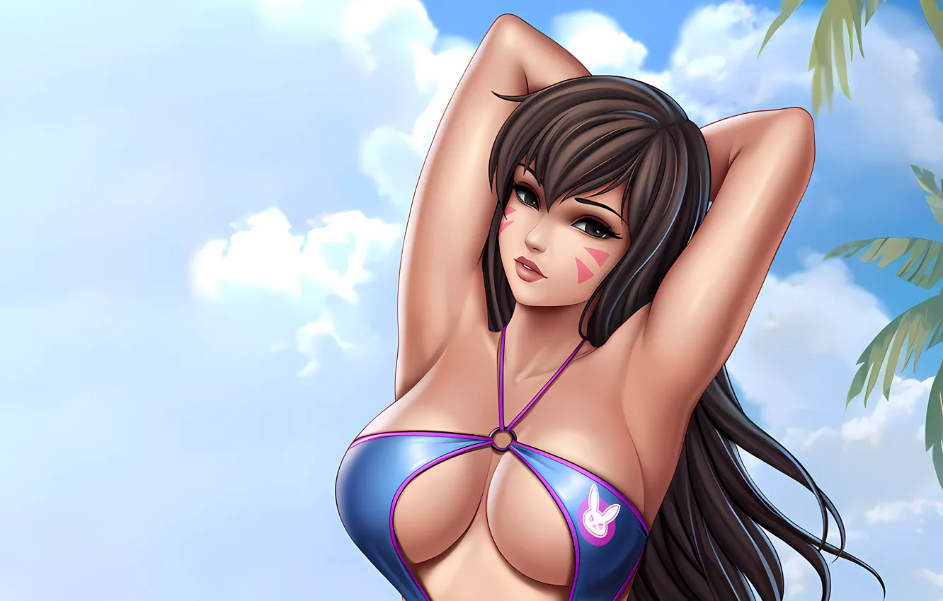Фото обои girl, sexy, cleavage, long hair, brown hair, brown eyes, boobs, anime