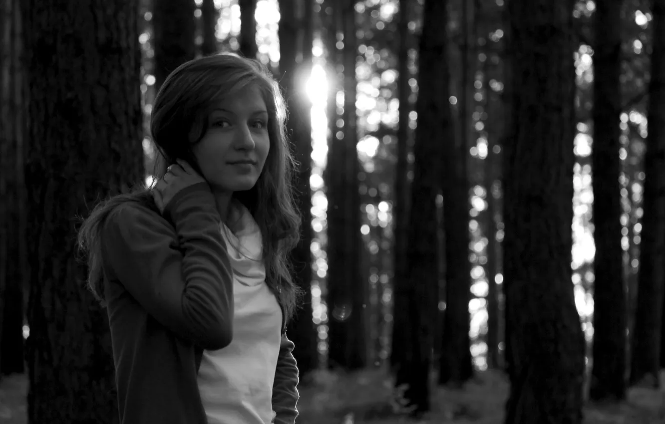 Фото обои лес, девушка, закат, волосы, темно, боке