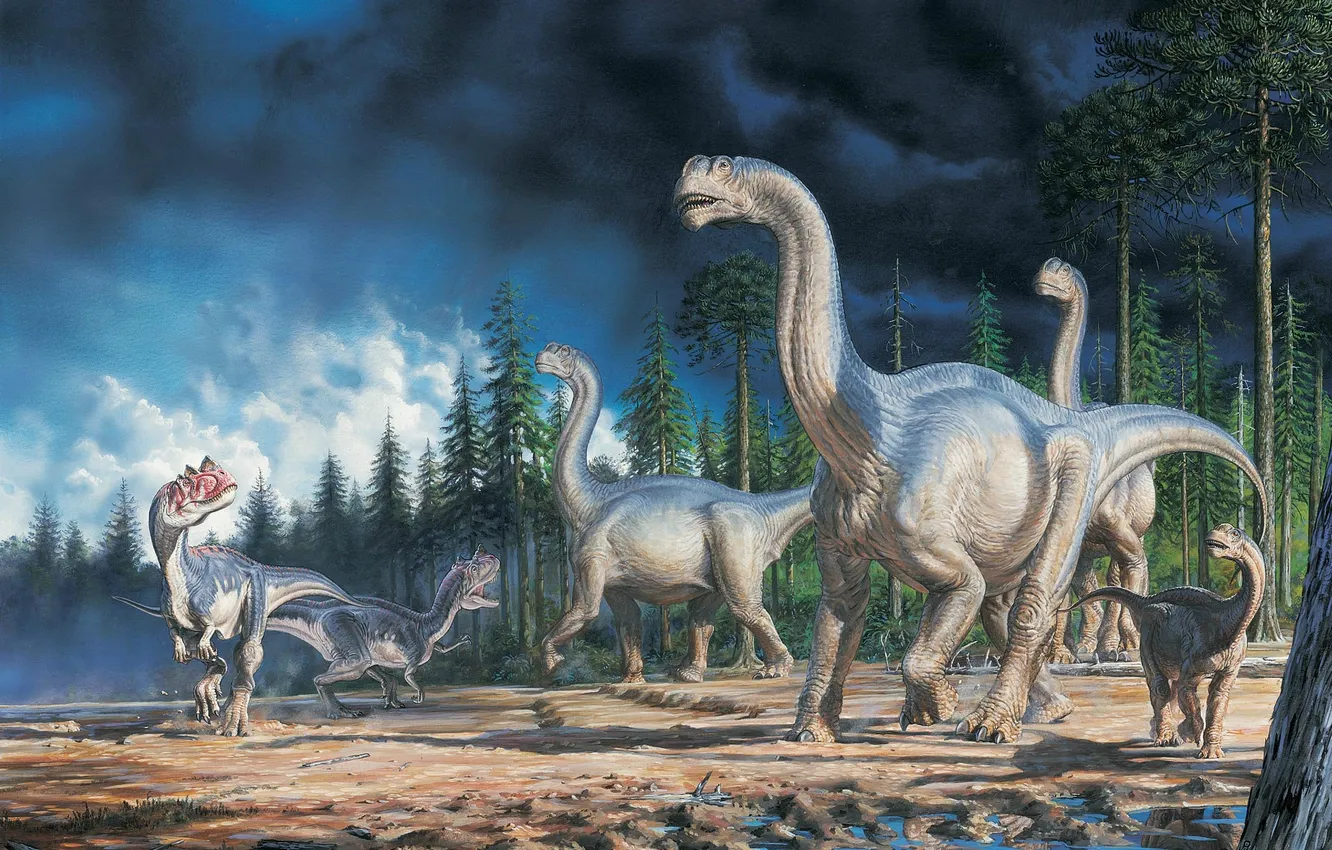 Фото обои Картина, Art, Landscape, Dinosaurs, Динозавры