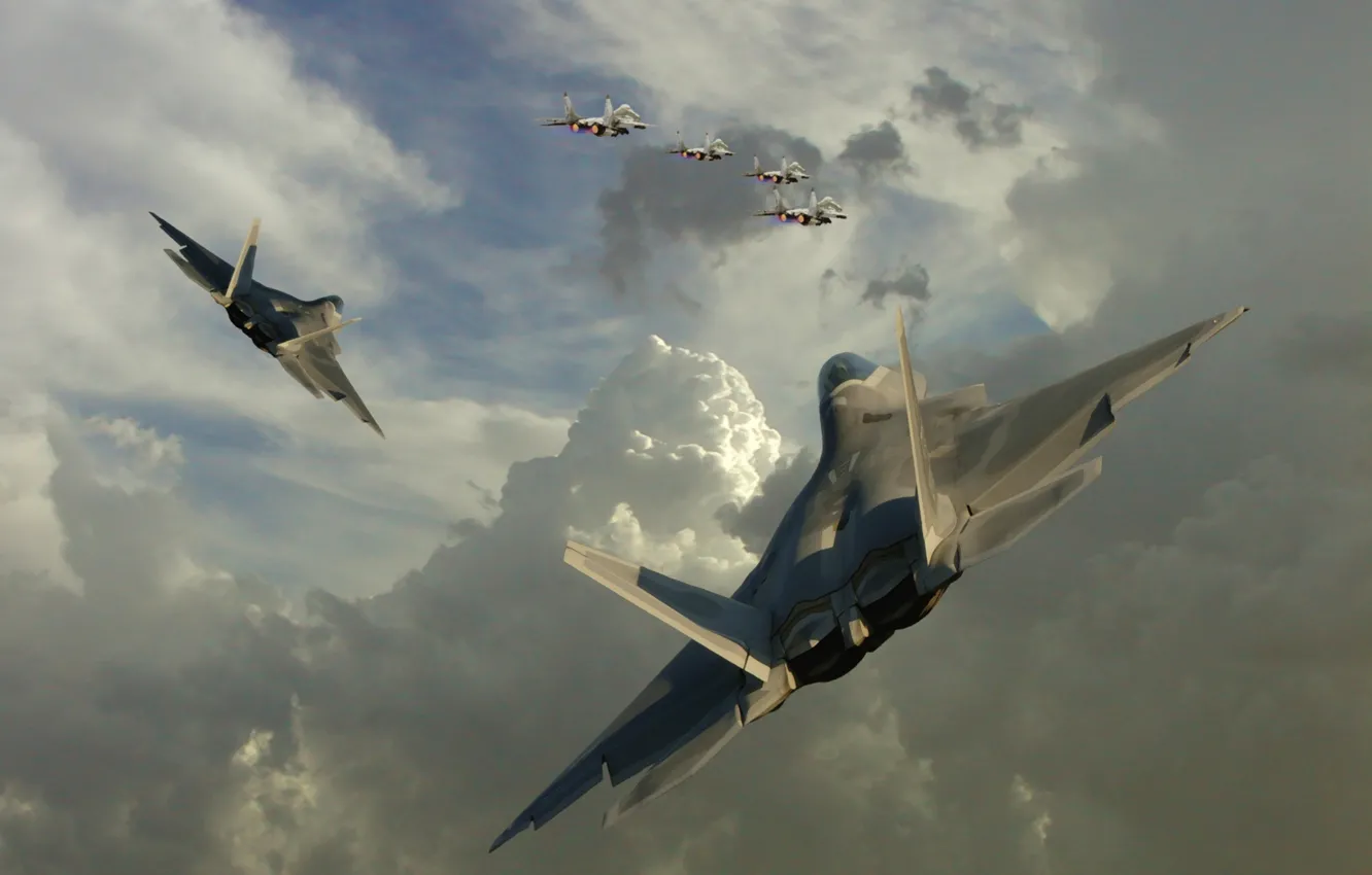 Фото обои небо, облака, тучи, f-22, истребители, миг-29
