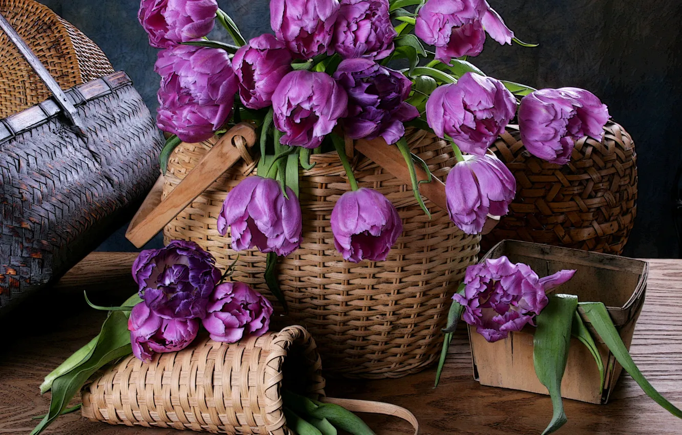 Фото обои цветы, корзина, тюльпаны