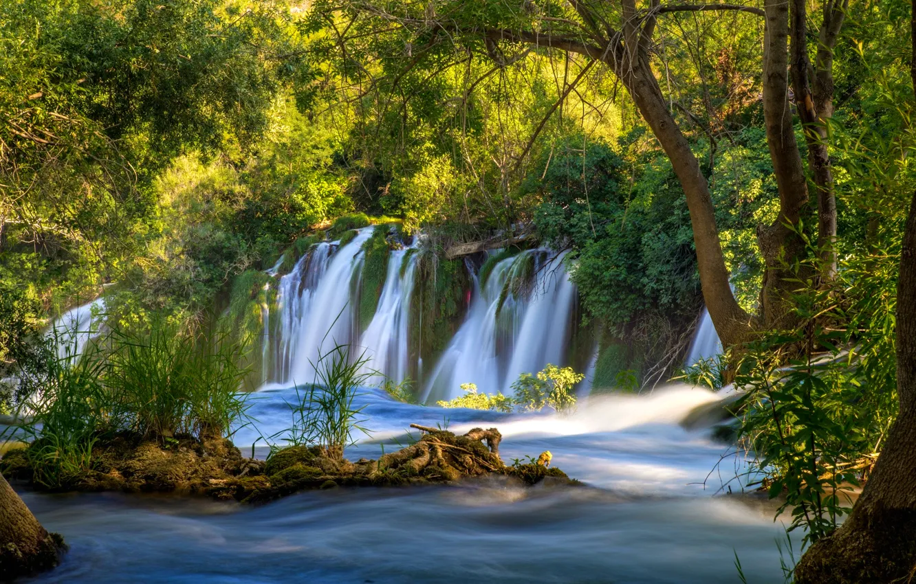 Фото обои зелень, вода, деревья, река, водопад, поток, Bosnia and Herzegovina, Kravice Falls