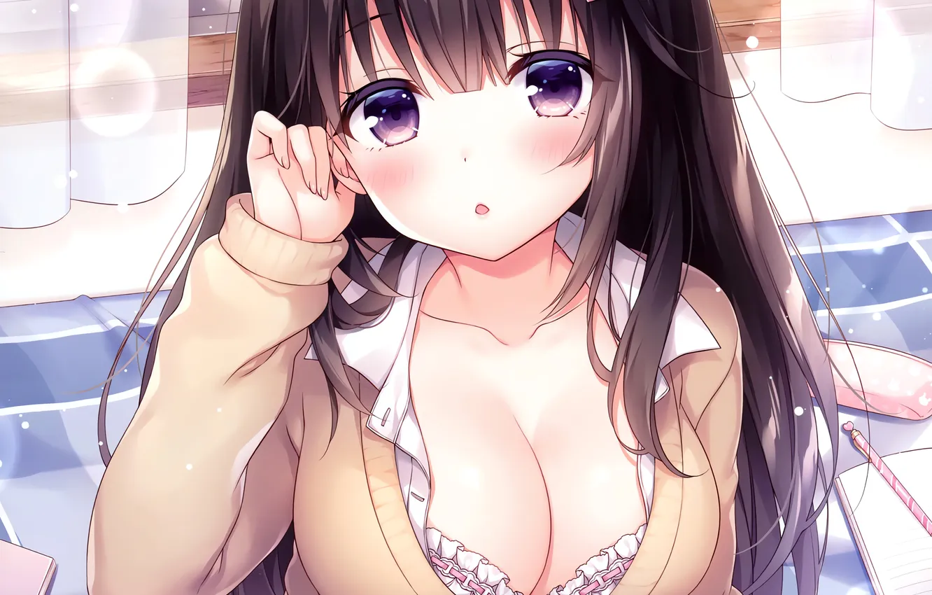 Фото обои girl, sexy, lingerie, bra, cleavage, long hair, boobs, anime