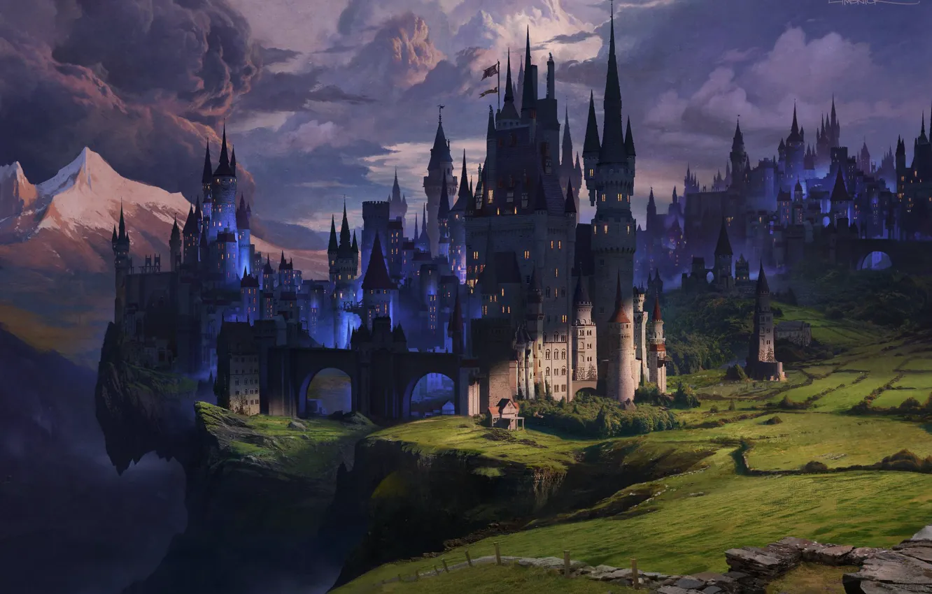 Фото обои горы, замок, тень, башни, Dark Kingdom