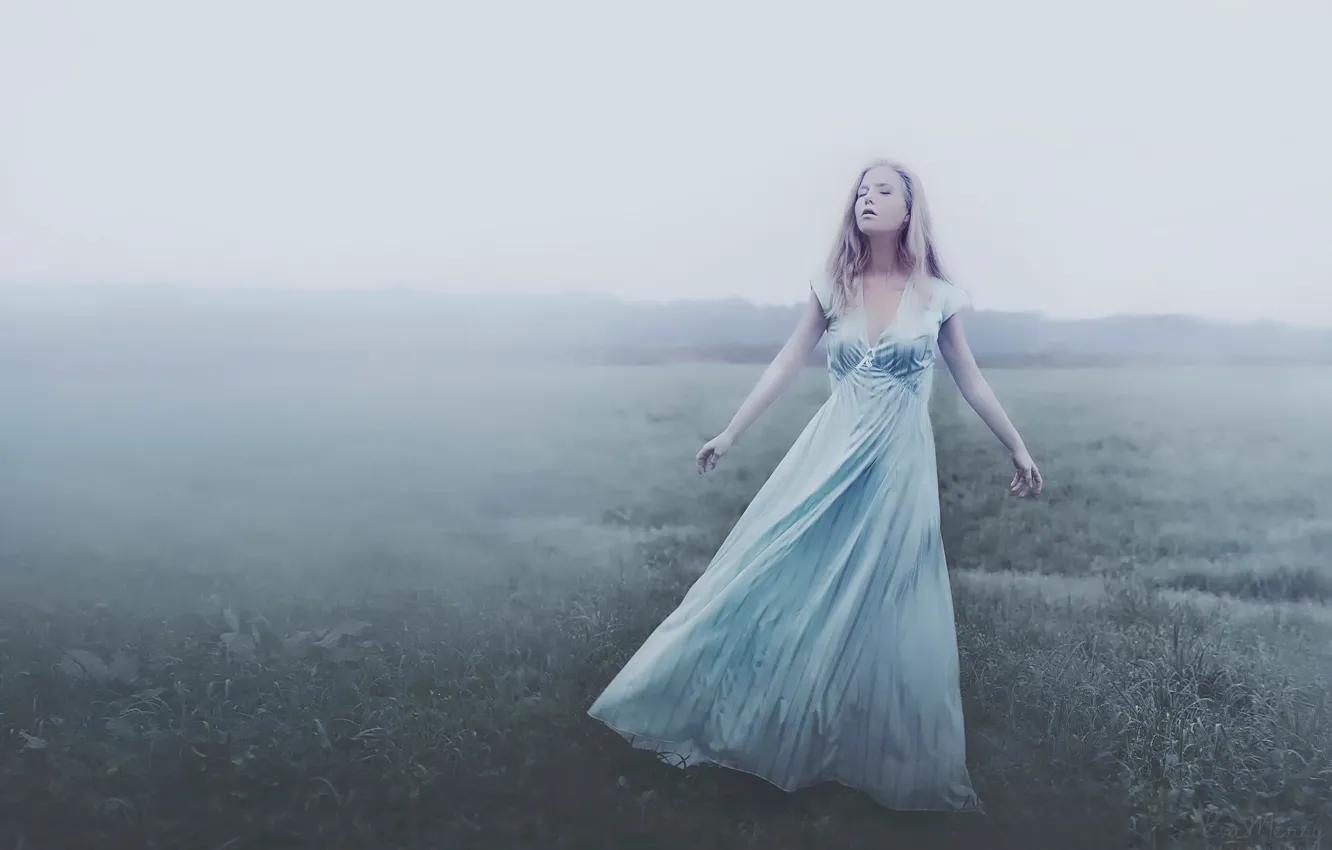 Фото обои поле, девушка, туман, dream, утро, платье