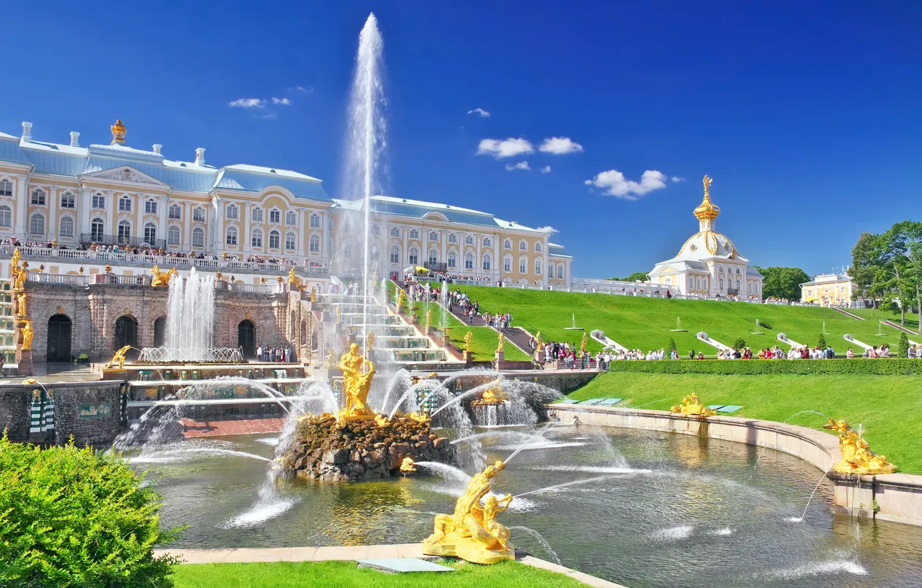 Фото обои лето, Санкт-Петербург, фонтан, дворец, Петергоф, Петродворец