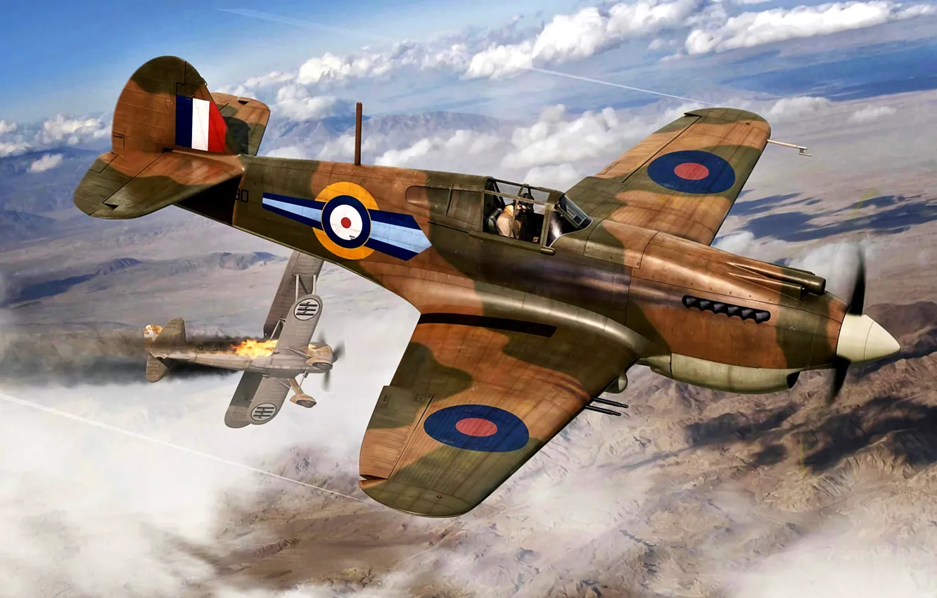 Фото обои RAF, P-40C, WWII, Regia Aeronautica, 73sqn, Tomahawk Mk.IIB, CR.42 Falco