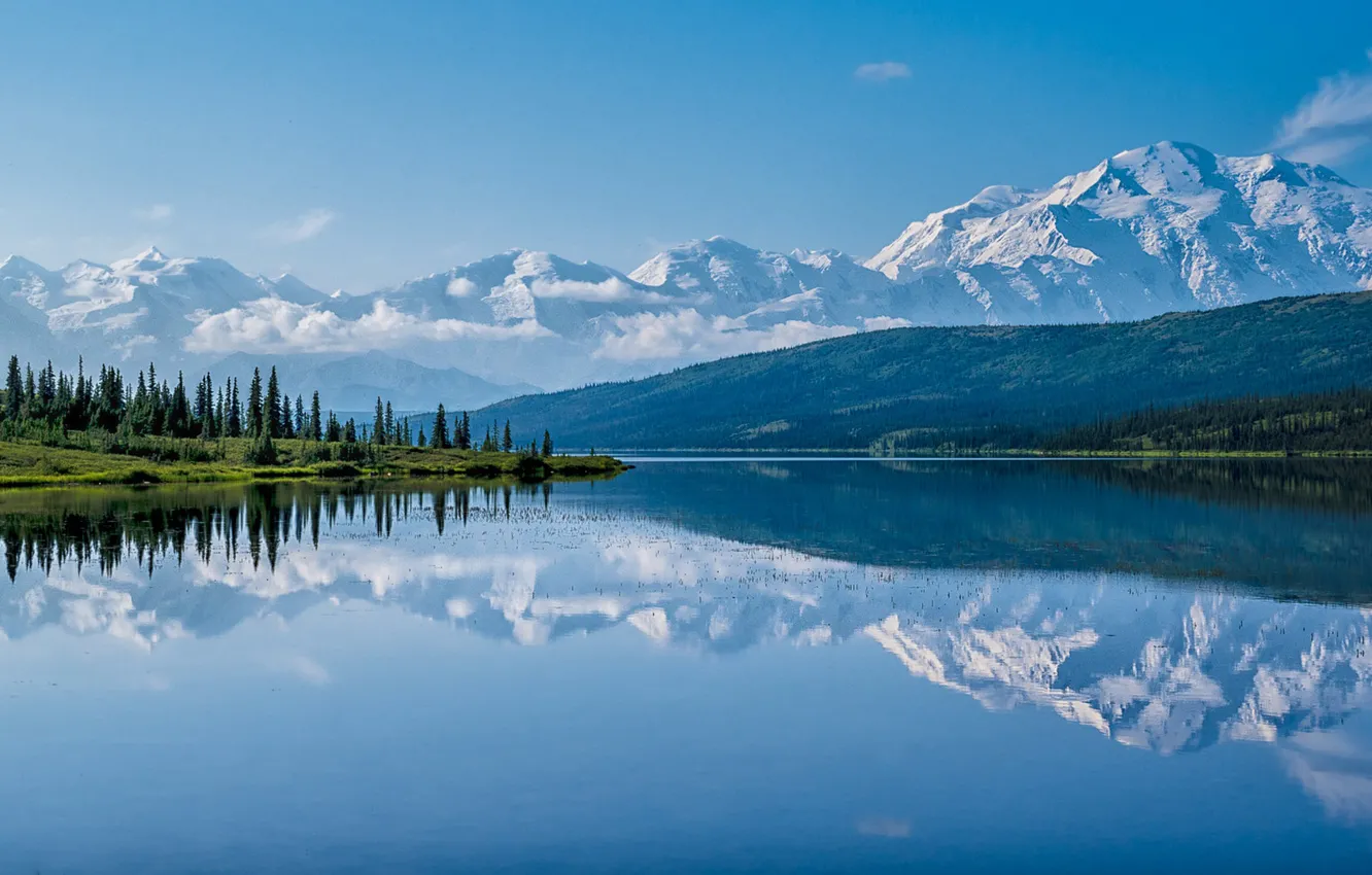 Фото обои горы, озеро, отражение, Аляска, Alaska, Denali National Park, Аляскинский хребет, Национальный парк Денали
