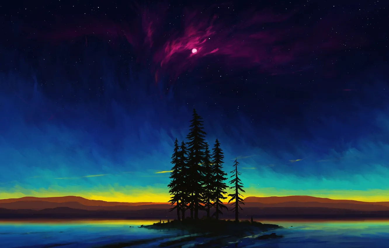 Фото обои moon, sky, trees, landscape, nature, night, art, lake