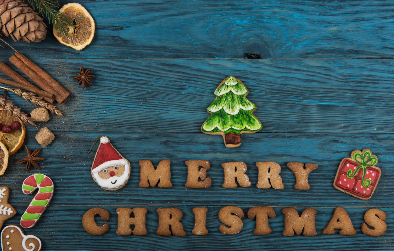 Фото обои Новый Год, печенье, Рождество, wood, Merry Christmas, cookies, decoration, пряники