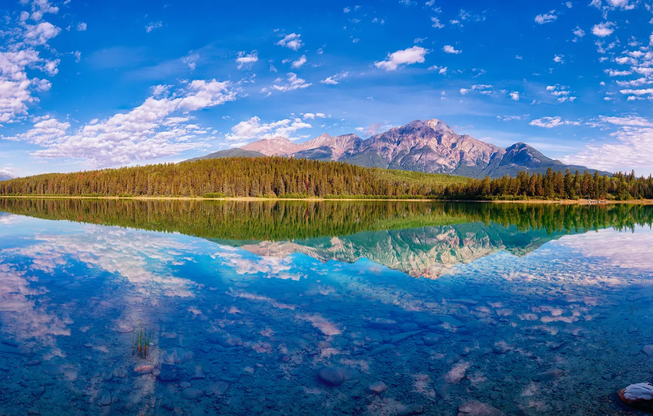 Фото обои осень, лес, облака, горы, озеро, отражение, синева, камни