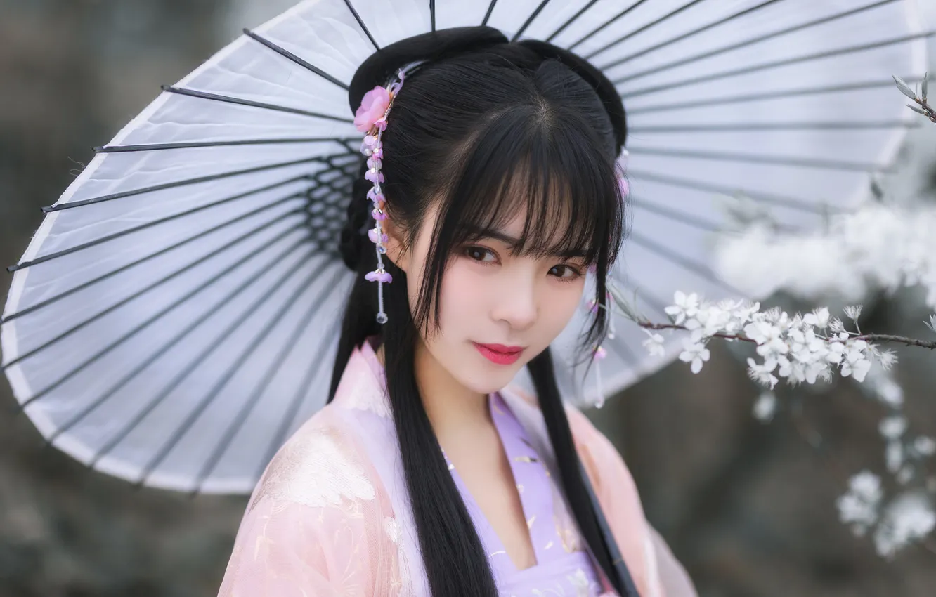 Фото обои цветы, ветки, поза, модель, портрет, зонт, макияж, сад