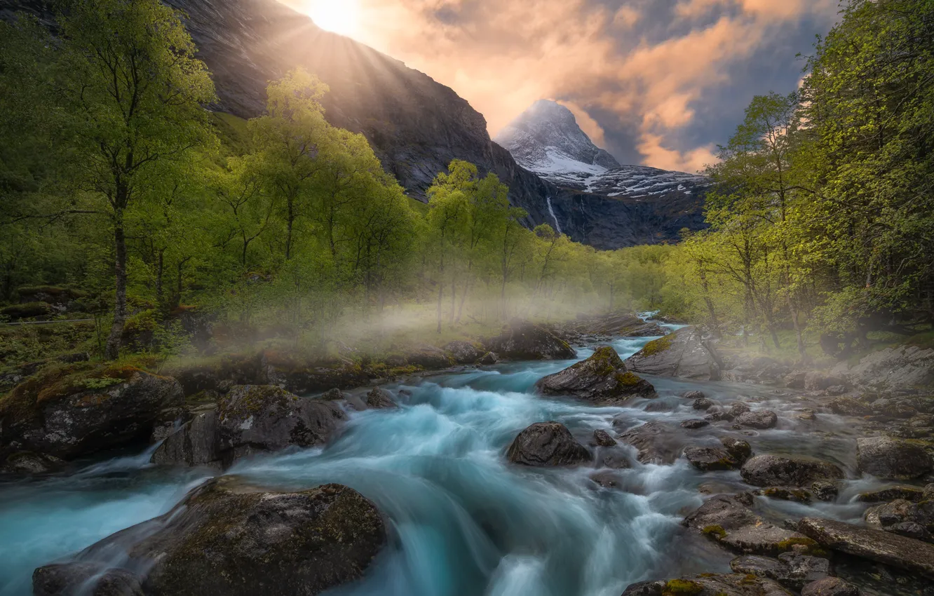 Фото обои деревья, горы, ручей, Норвегия, речка, Norway, Romsdalen Valley, Долина Ромсдален
