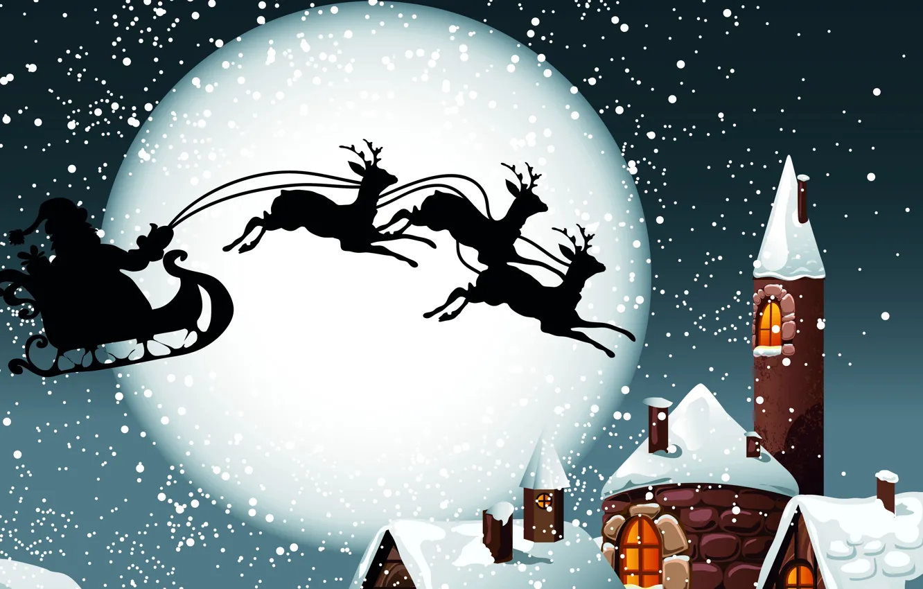 Фото обои снег, луна, крыши, подарки, сани, дед мороз, олени, новогодняя ночь