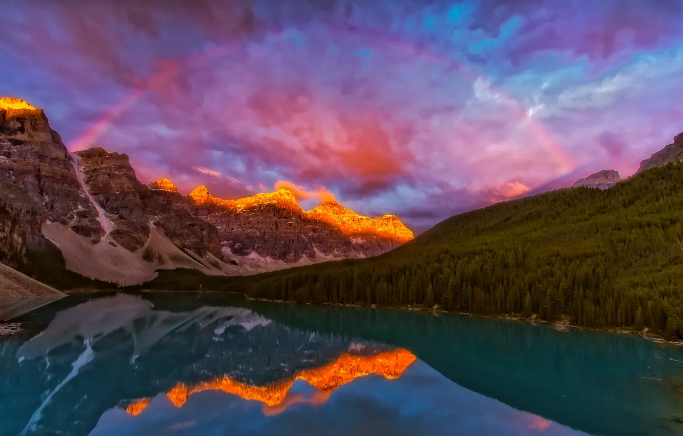 Фото обои пейзаж, закат, горы, природа, озеро, радуга, Канада, Альберта
