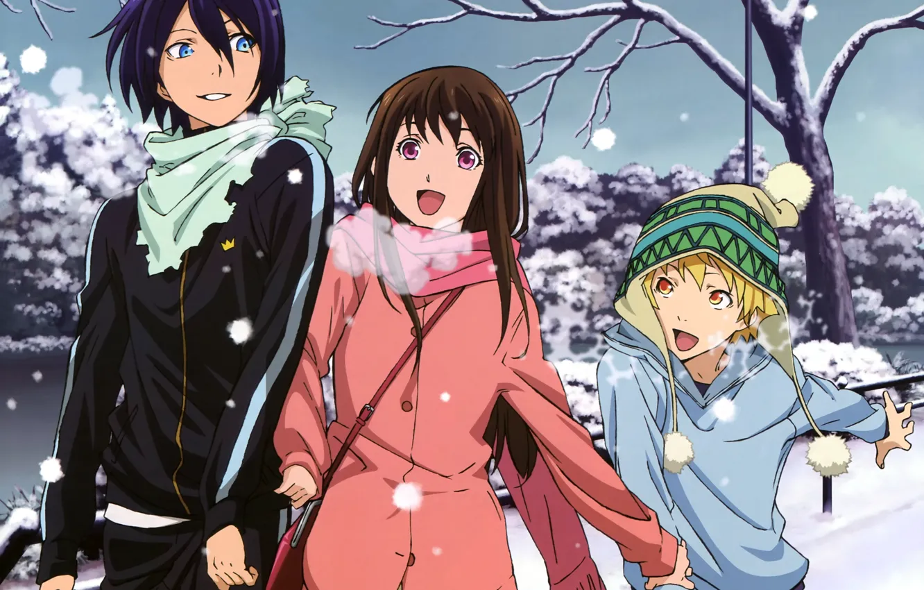 Фото обои холод, зима, девушка, снег, аниме, шарф, арт, парни