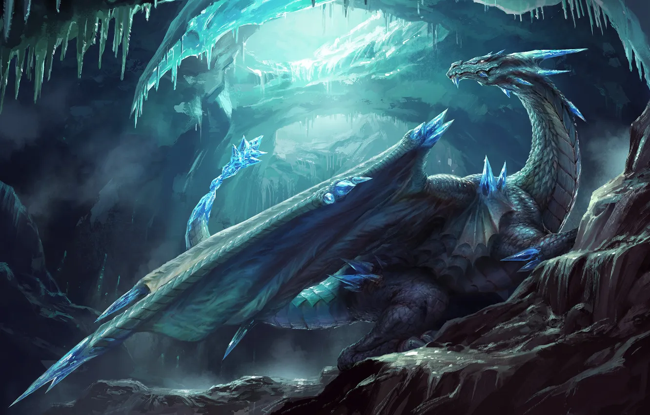Фото обои холод, лед, зима, фантастика, дракон, крылья, арт, рога