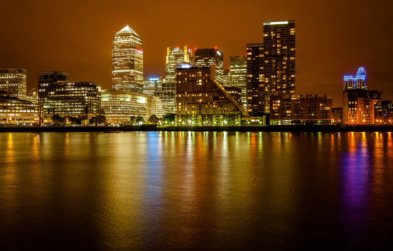 Фото обои ночь, город, река, Англия, Лондон, здания, небоскребы, Великобритания