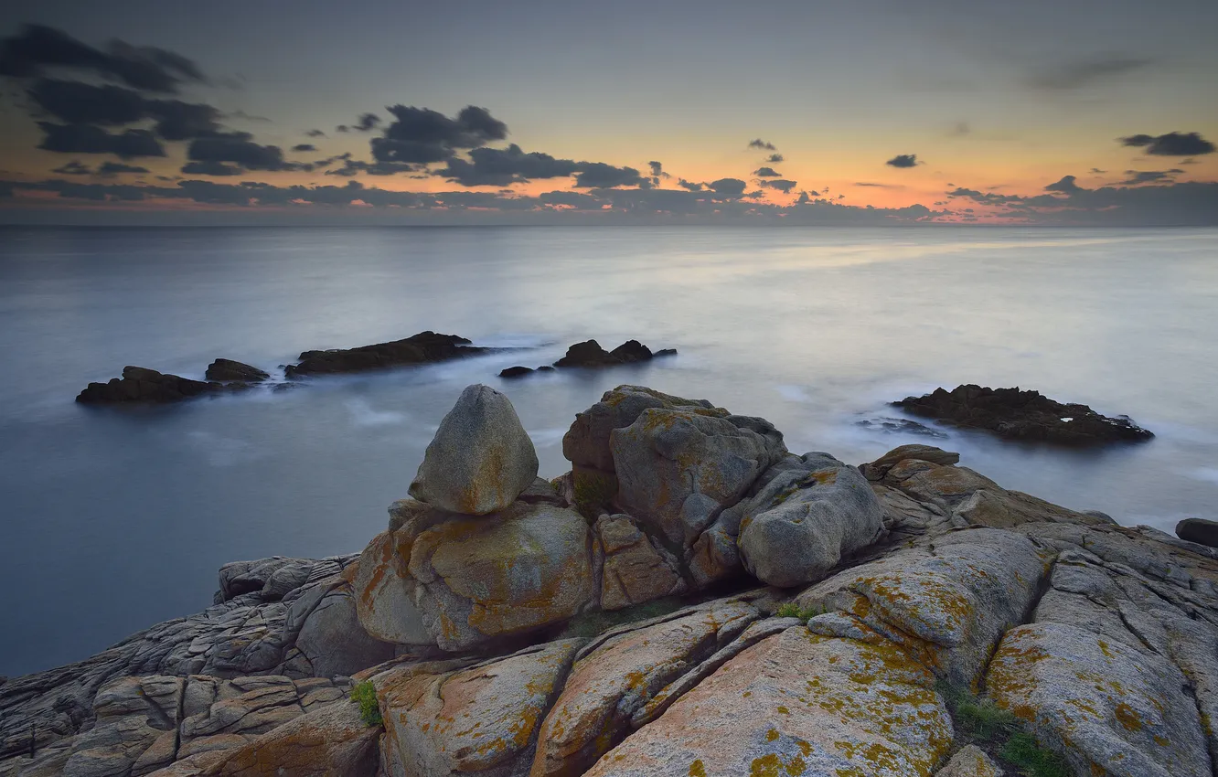 Фото обои пляж, камни, океан, рассвет