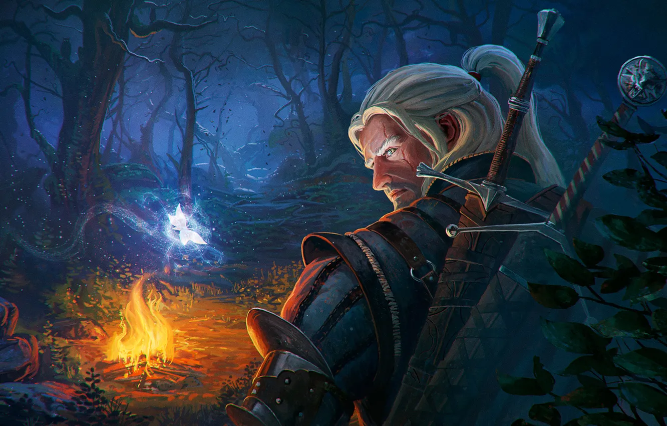 Фото обои лес, ночь, костер, rpg, witcher, The Witcher 3: Wild Hunt, Wild Hunt, Geralt