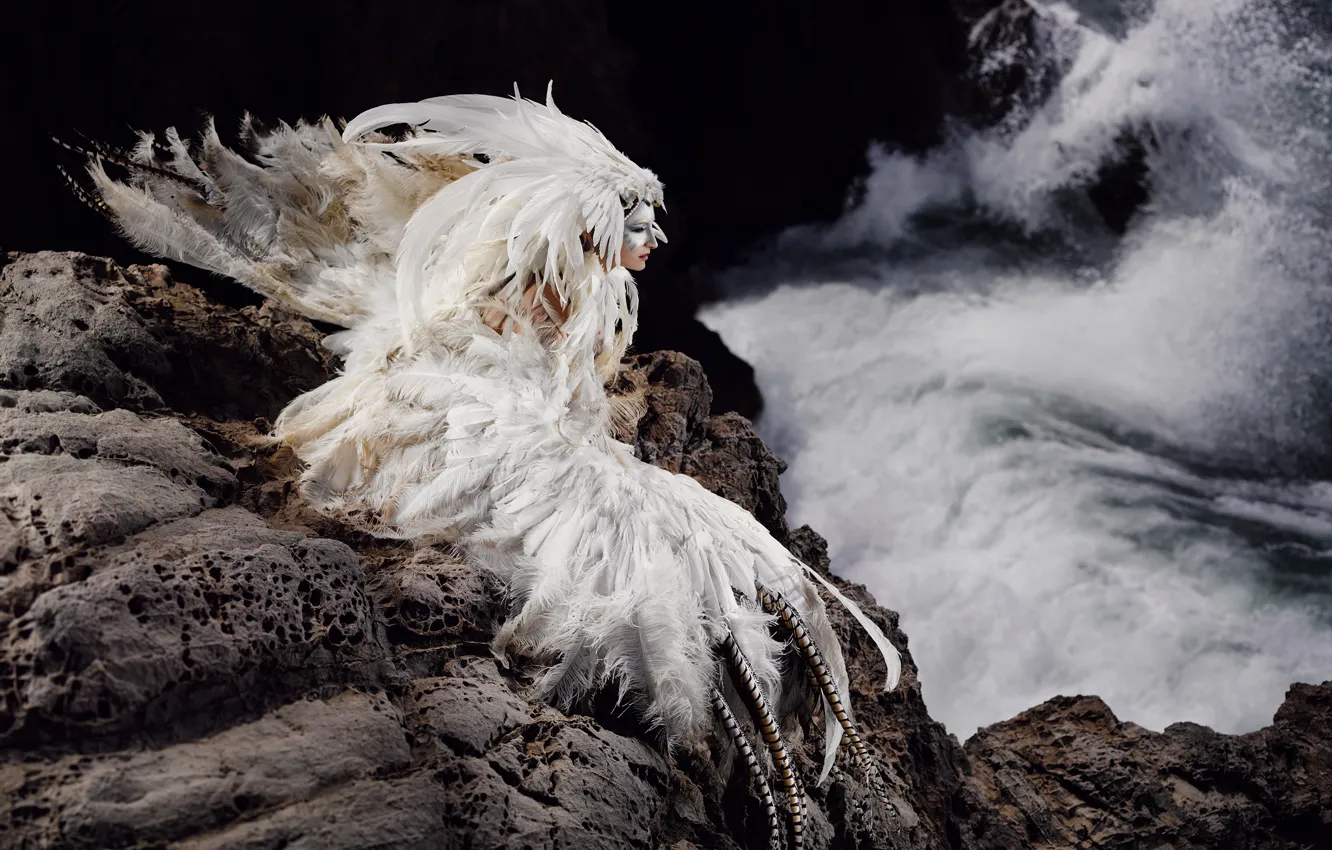 Фото обои море, девушка, скалы, птица, перья, костюм, наряд