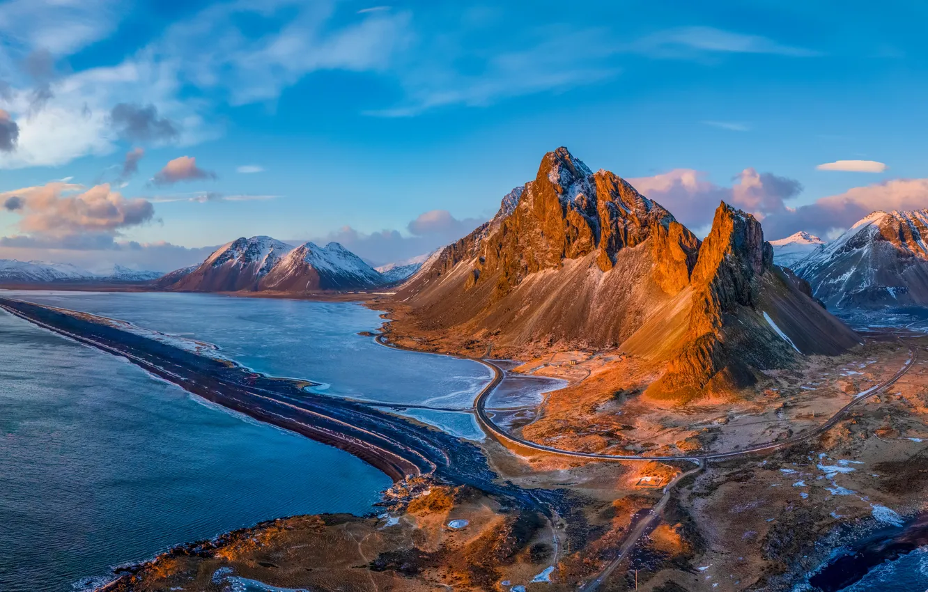 Фото обои Горы, Панорама, Пейзаж, Исландия, Eystrahorn