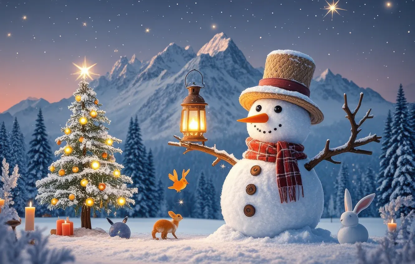 Фото обои зима, поле, лес, звезды, шарики, снег, горы, новый год