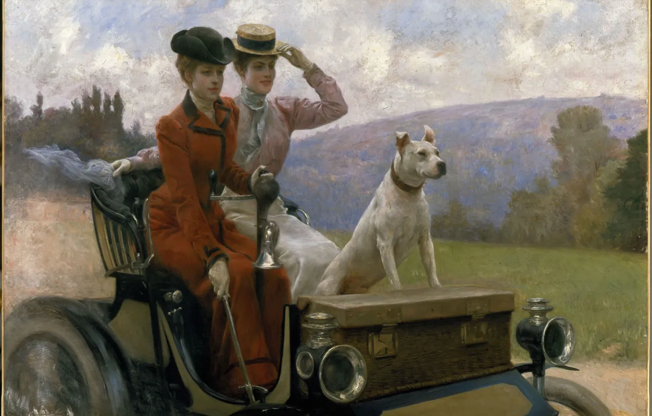 Фото обои женщины, собака, автомобиль, 1901, Julius LeBlanc Stewart, Юлиус Леблан Стюарт, Les Dames Goldsmith au bois …