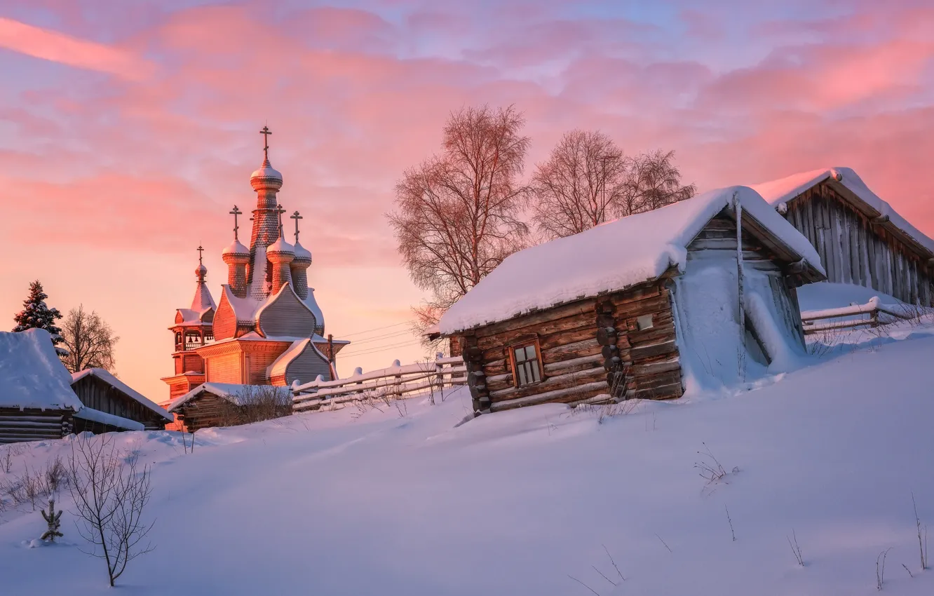 Фото обои зима, снег, пейзаж, дома, утро, деревня, церковь, Максим Евдокимов