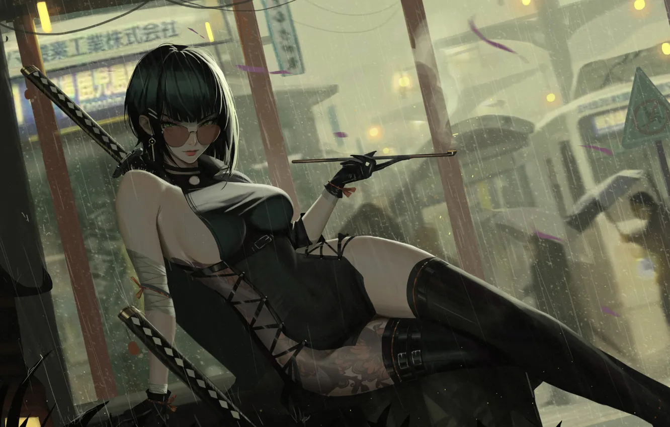 Фото обои girl, fantasy, black, rain, katana, tattoo, samurai, digital art