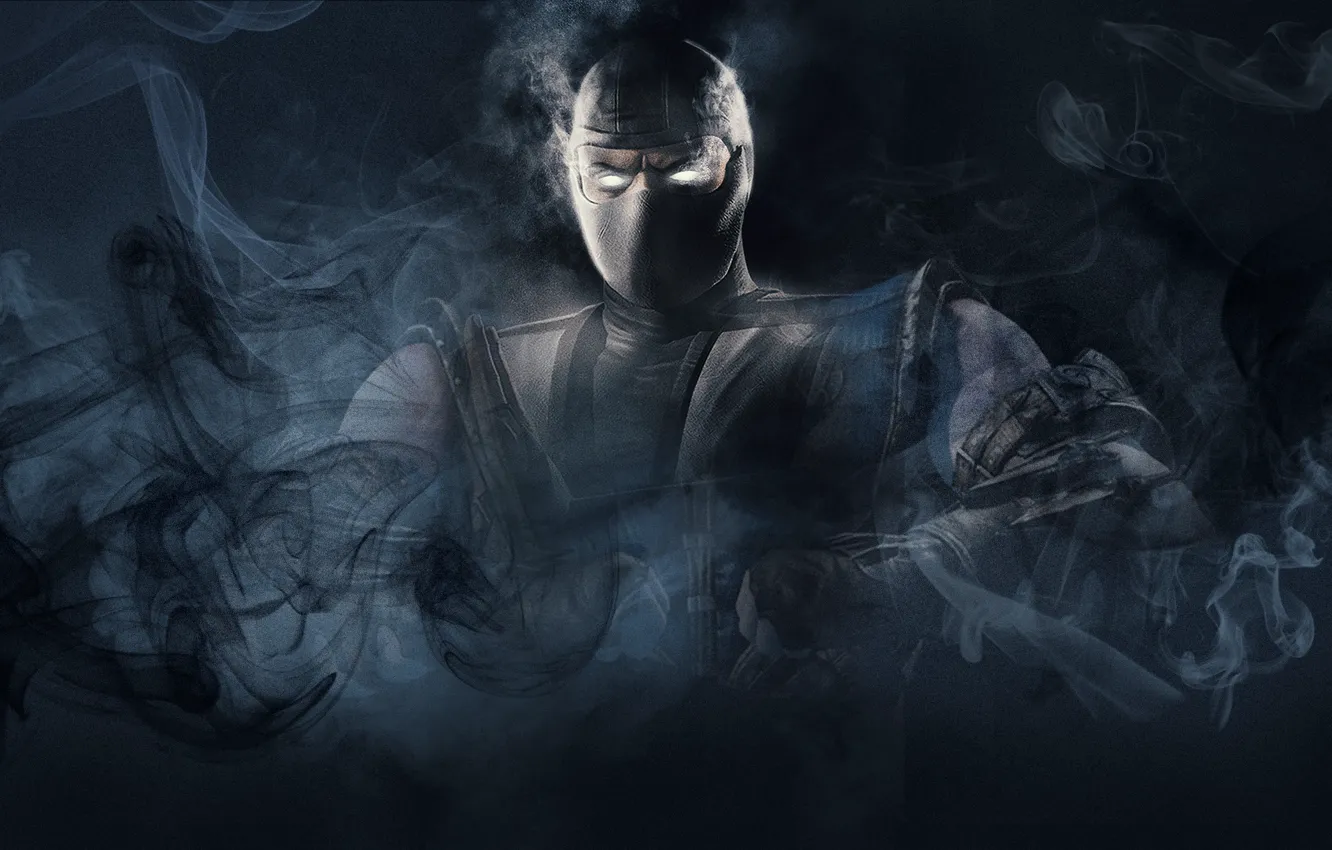 Фото обои Дым, маска, черный фон, Mortal Kombat, Smoke, Мортал Комбат, mask, black background