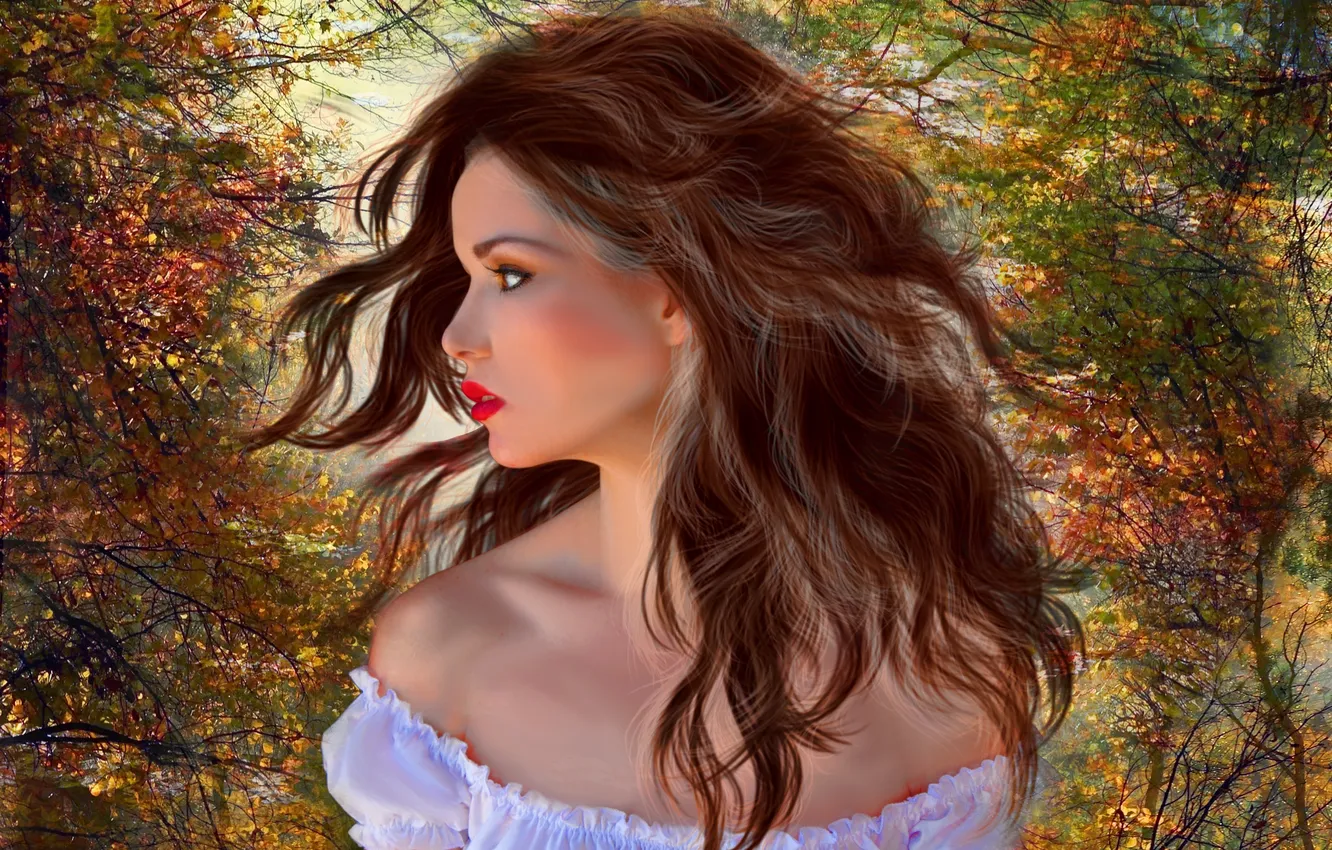 Фото обои осень, листья, девушка, деревья, лицо, фон, волосы, макияж