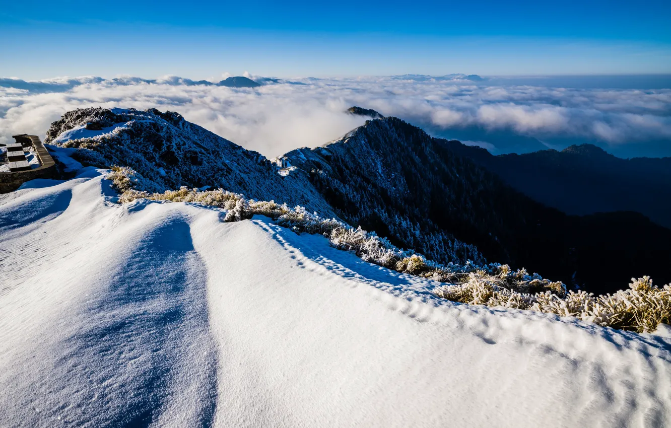 Фото обои зима, иней, облака, снег, пейзаж, горы, природа, туман