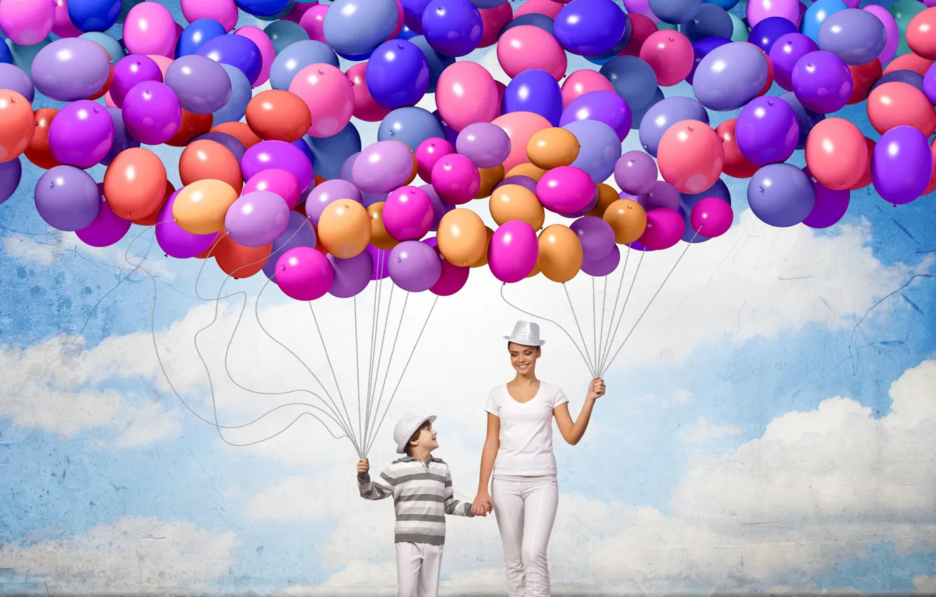 Фото обои шарики, радость, счастье, воздушные шары, люди, colorful, happy, sky